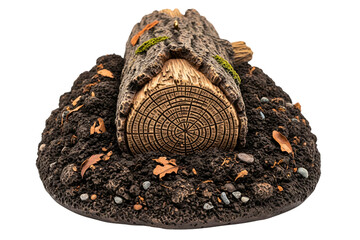 Tree log on soil mound with moss and dry leaves on a transparent background