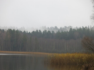 foggy autumn lake in a National Park in the Smolensk Region, Russia