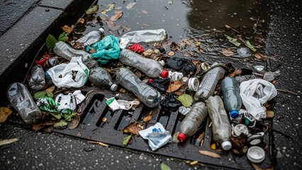 plastic bottles and household trash clogging a city storm drain for environmental news, pollution awareness blogs, and urban ecology presentations