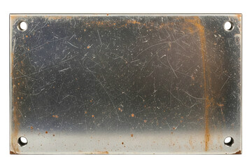 Scratched rectangular metal plate with four corner holes on a transparent background