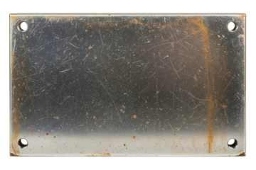 Scratched rectangular metal plate with four corner holes on a transparent background