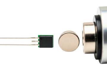 Electronic magnetic sensor chip next to round metal magnet on a transparent background