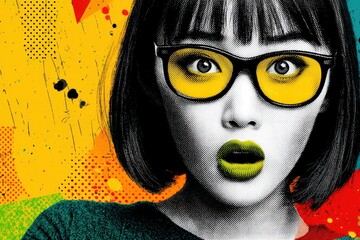 Bright colors and bold style capture expression of a woman with glasses and striking makeup in an artistic design setting