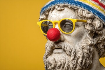 Statue wearing glasses and red nose with colorful hat in front of bright yellow background
