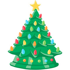 throwback ceramic christmas tree decorate with colorful light and star flat doodle hand-drawn