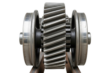 Heavy industrial train wheels with large herringbone gear on a transparent background