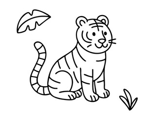 Cute cartoon tiger sitting with tail and grass elements, simple black outline animal illustration for kids coloring pages and playful nursery design use. Vector illustration.