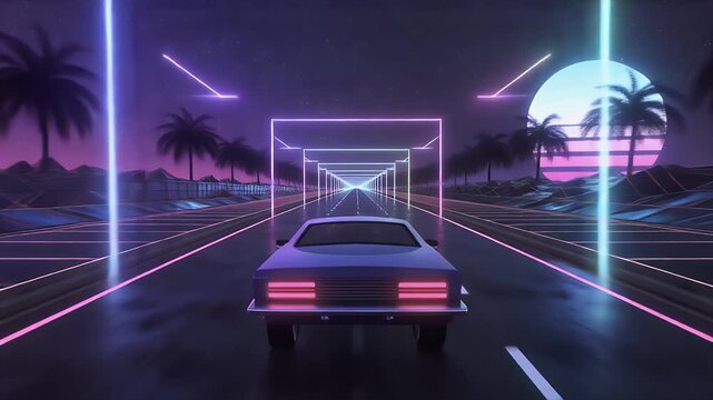 Retro 80s Synthwave Car Neon Landscape.