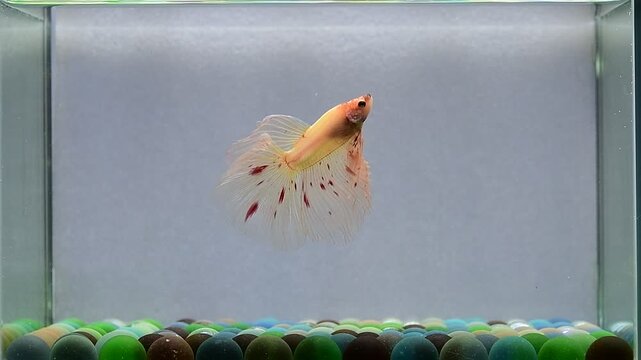 Betta fish fancy orange vanda halfmoon long tails from Thailand, Siamese fighting fish on isolated Grey background.