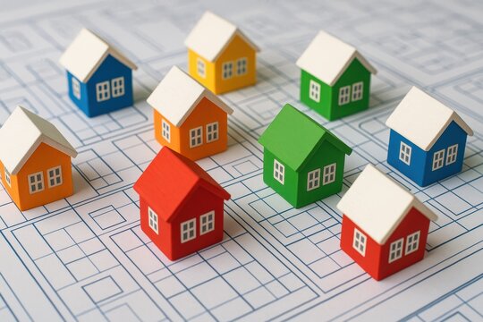 3d models of colorful miniature houses aerial blueprint view for urban planning and real estate