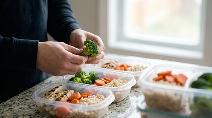 Person preparing healthy meal prep containers with fresh vegetables and protein.