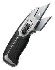 Obraz premium Dual-blade trapezoid knife with side switch for fast blade access in workshops.