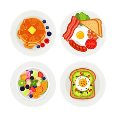 Assorted Breakfast Dishes with Pancakes, Bacon, and Avocado Toast