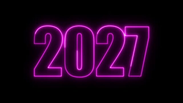 New year 2027 text icon animation glowing neon purple color number anniversary template banner sign signboard holiday code digit rectangle box font letter word on black background
