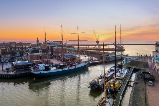 Aerial drone view of Harlingen harbour at sunset