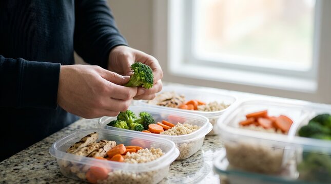 Person preparing healthy meal prep containers with fresh vegetables and protein.