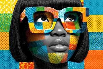 Woman with colorful glasses and patterned face posing against a vibrant background in a modern artistic style