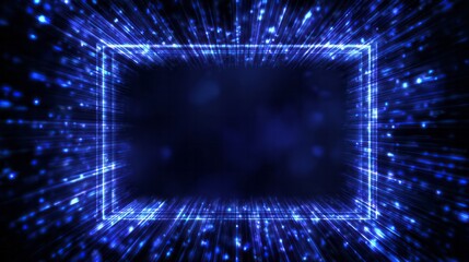 Glowing blue rectangular frame radiates energy beams across a dark digital space
