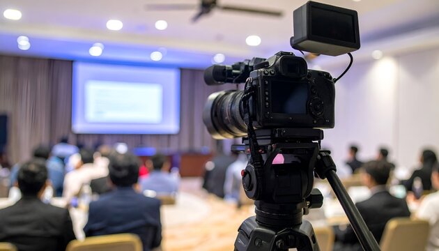 Professional video camera recording a business conference or educational seminar in a modern hall.