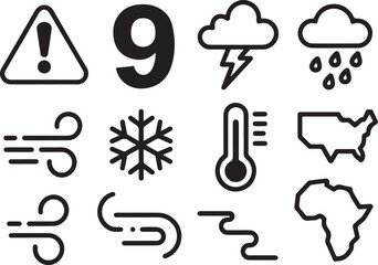 Weather icons set warning sign, number 9, lightning cloud, rain cloud, wind, snowflake, thermometer, usa map, wind gusts, fogmist, abstract line, africa map