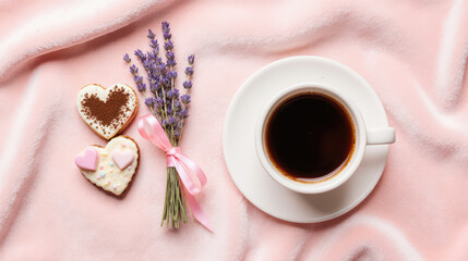 Romantic cozy morning breakfast flat lay with cup of coffee, heart shaped cookie and lavender flowers on soft pink blanket, gentle and warm scene