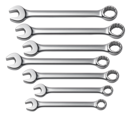 Eight-piece chrome-finish wrench set ideal for automotive repair.