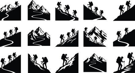 Mountain hiking silhouettes collection showing backpackers climbing peaks and trails, symbolizing adventure travel, trekking challenge, teamwork and outdoor exploration concepts
