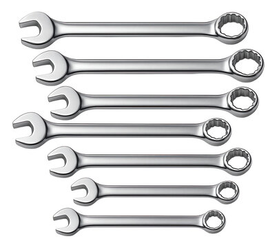 Eight-piece chrome-finish wrench set ideal for automotive repair.