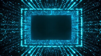 Glowing blue digital particles form a tunnel leading toward a dark rectangular frame in cyberspace