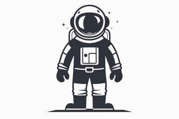 Cartoon Astronaut in Spacesuit White, Black Line Art, Flat Style Design