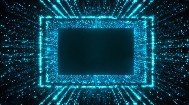 Glowing blue digital particles form a tunnel leading toward a dark rectangular frame in cyberspace - Powered by Adobe