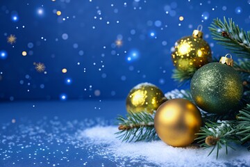 Festive Christmas ornaments on snowy pine branch with sparkling blue background and snowflakes