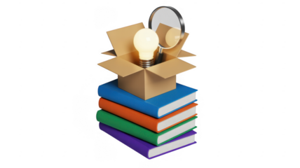 Books with lightbulb and magnifying glass stack cardboard isolated on a transparent background
