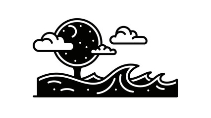 Fototapeta premium Stylized night landscape with moon, clouds and crashing waves in monochrome design