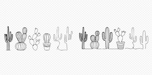 Naklejka premium Set of various hand-drawn continuous line art cactus plants in different styles and shapes.