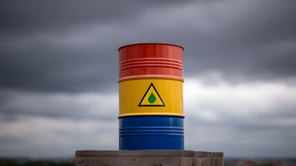 Naklejka premium Colorful industrial barrel with hazard symbol under a dark overcast sky