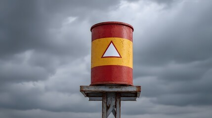 Red and yellow cylinder with a white triangle warning symbol against a stormy overcast sky