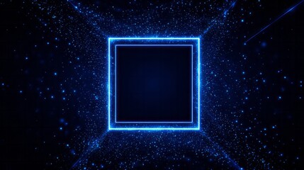 Illuminated digital square frame glows brightly within a dark tunnel of sparkling blue particles