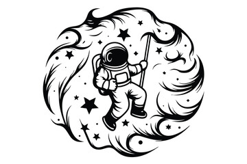 Monochrome Silhouette Spaceman with Flag Surrounded by Ornate Swirls and Stars
