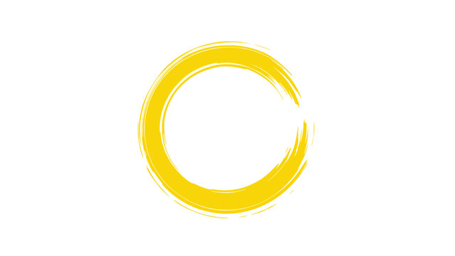 Yellow zen enso circle painted with a dynamic, textured brush stroke, isolated on a white background representing infinity and calm.