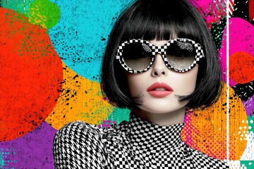 Fashion model poses in black and white checkered outfit with colorful background during a photo shoot in a studio setting