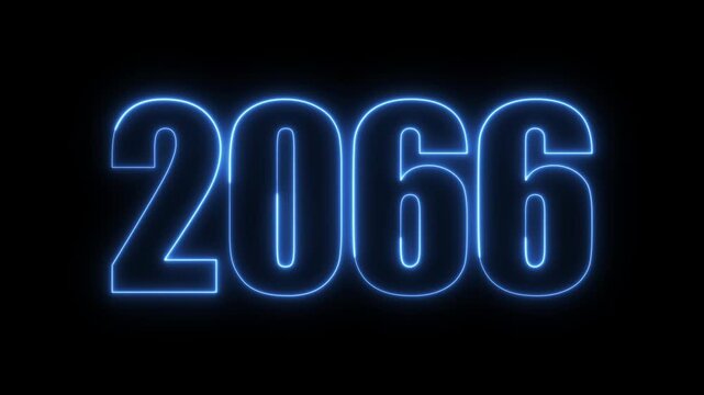 New year 2066 text icon animation glowing neon blue color number anniversary template banner sign signboard holiday code digit rectangle box font letter word on black background