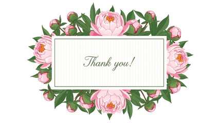Elegant "Thank You" card featuring beautiful pink peony flowers and green leaves framing a central message on a striped background.