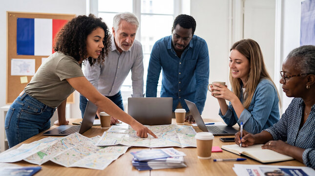 Diverse political campaign team planning strategy for French municipal elections. Young woman pointing at a city map while colleagues collaborate in an office with a French flag.
