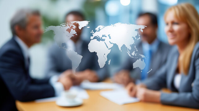 Global business meeting with faceless professionals collaborating across borders connecting world wide, defocused international cooperation, multinational teamwork, cross-border pa - Powered by Adobe