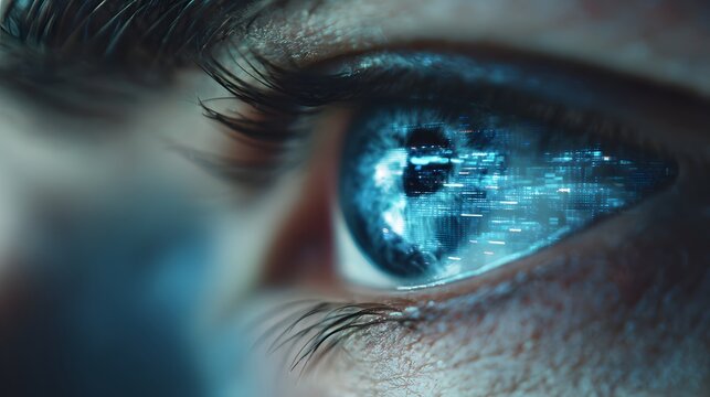 Human eye reflects complex digital data streams with bright blue illumination - Powered by Adobe