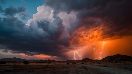 Intense lightning storm illuminates arid landscape under dramatic twilight sky