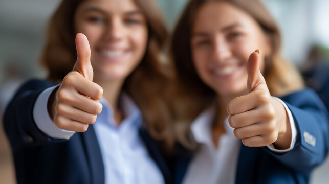 Two smiling faceless business professionals giving thumbs up gesture isolated on transparent background, defocused approval sign, positive affirmation, success indication visualiza