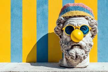 Clown sculpture wearing glasses and balloon nose stands against a colorful wall in bright sunlight