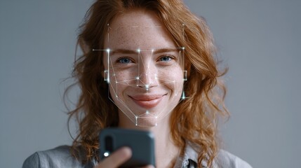 A smiling young blonde businesswoman holding a mobile phone while looking through binoculars represents modern communication and business technology